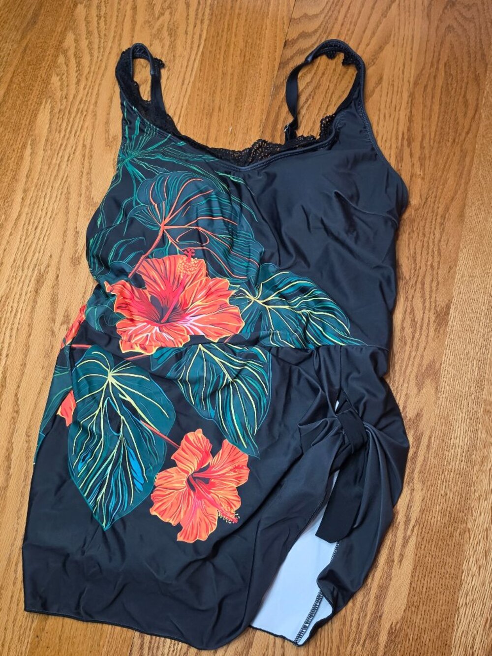 NEW Rotita Tie Black Floral Print one Piece Swim Suit Size XL
